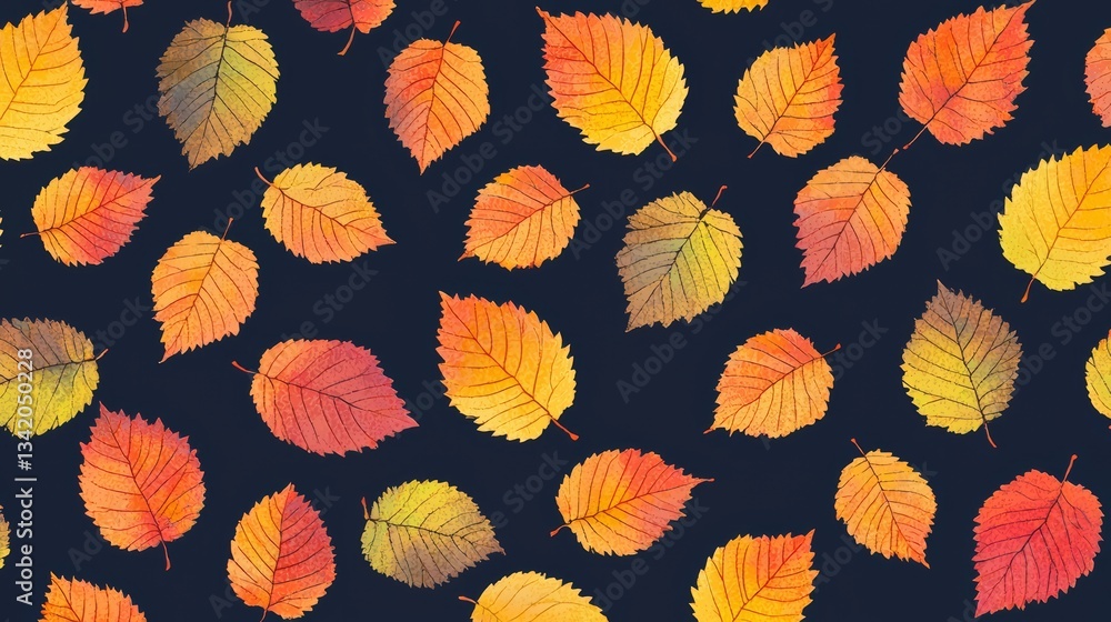 Aufkleber Black background with a pattern of orange leaves. The leaves are of different sizes and are scattered all over the background