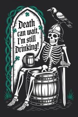 Medieval style drawing of a skull drinking beer in a cemetery