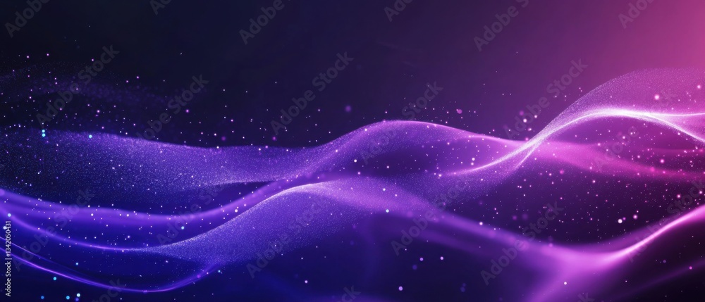 Poster abstract purple and pink flowing wave with sparkling particles on dark background concept of futuris