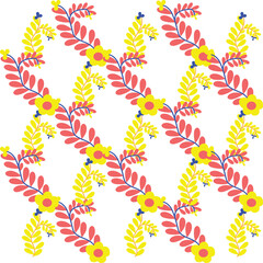 The pattern features diagonally oriented, alternating rows of red leafy branches and yellow floral branches against a white background. The branches are arranged in a repeating, mirrored fashion.