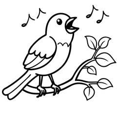 Fototapeta premium Singing Bird on Branch with Leaves Coloring Page Outline, Birdsong Icon, Line Art for Children's Book