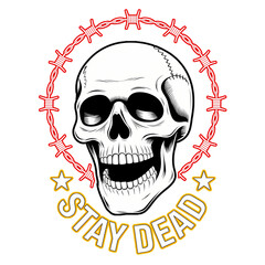 A skull with barbed wire around it