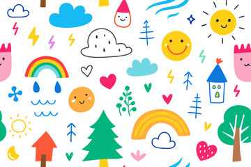 Whimsical Hand Drawn Doodle Pattern Featuring Happy Sun, Rainbows, Clouds, Trees, and Hearts on White Background