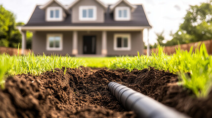 Drainage Pipe Passing Through Soil to a Private House, Banner with Copy Space