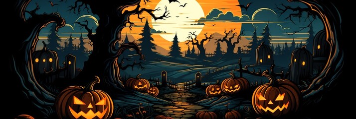 Flat Halloween illustration featuring carved pumpkin spooky bats a full moon vibrant orange and black colors playful and festive