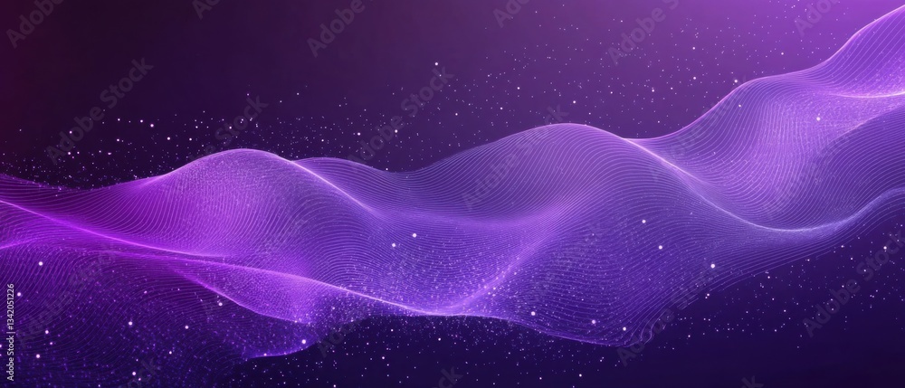 Poster abstract purple wave background with glowing particles, representing digital technology, data visual