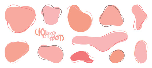 Collection of 11 Pink Abstract Background Spots, irregular liquid blob shapes set for brand style design, trendy graphic elements for smooth wavy backdrops.