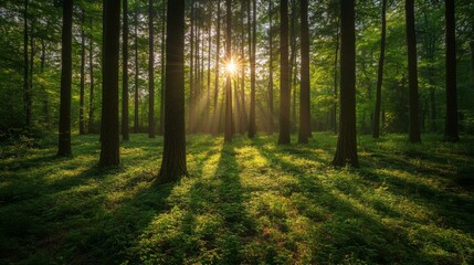 Obraz premium Sunlit Forest Scene with Golden Beams and Lush Greenery