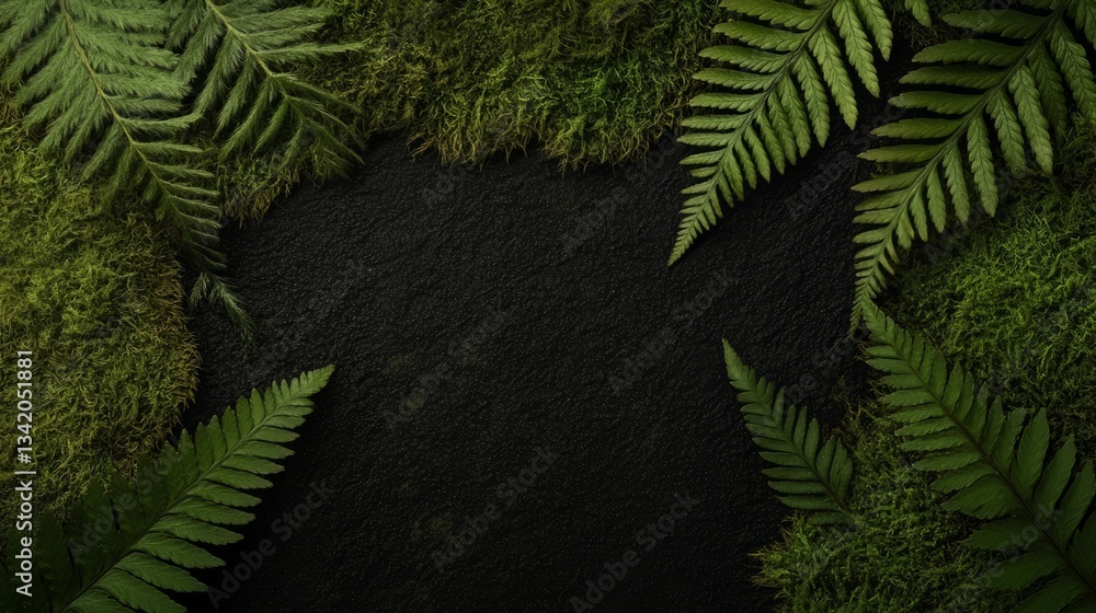 Poster black background with green leaves and moss. the leaves are arranged in a way that they form a circl