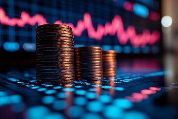 Stacks of Coins on Stock Market Chart Display Financial Investment Growth Concept
