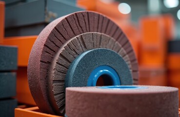 Stack of abrasive grinding wheels, flap discs for construction work. Sandpaper emery wheels set for metal polish, rust removal. Industrial tools background. Close-up of surface finishing equipment.