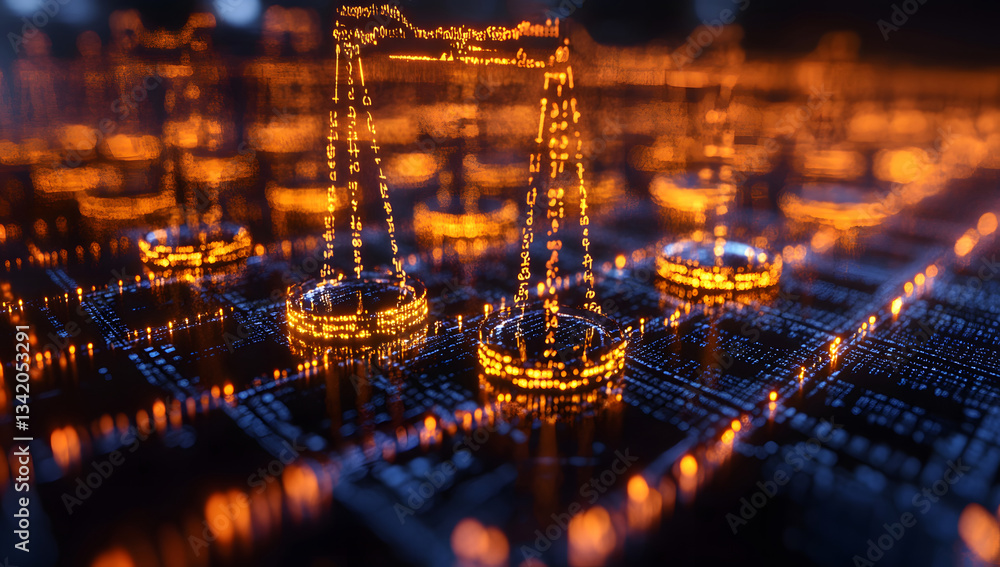 Poster abstract digital design glowing rings and data streams in dark cyberspace