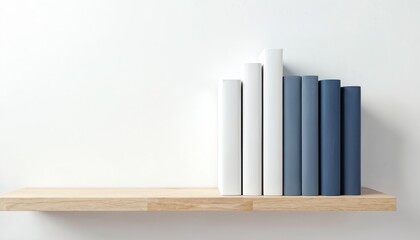 Mockup of white and blue blank books row on wooden shelf against clean white wall. Copy space for text, book names. Minimalist style template with empty hardcovers for designers.