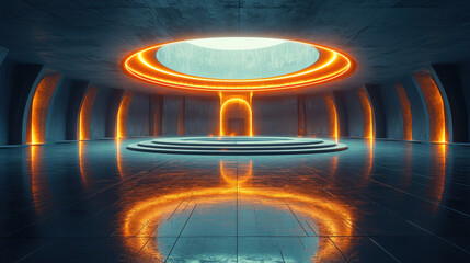 Modern tech lab merging ancient Mayan geometry with futuristic design in a creative space