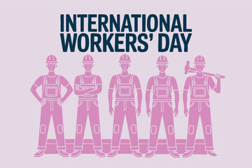 A simple, stylized illustration of four workers in construction-style overalls and hard hats, set against a light purple background, celebrating International Workers' Day