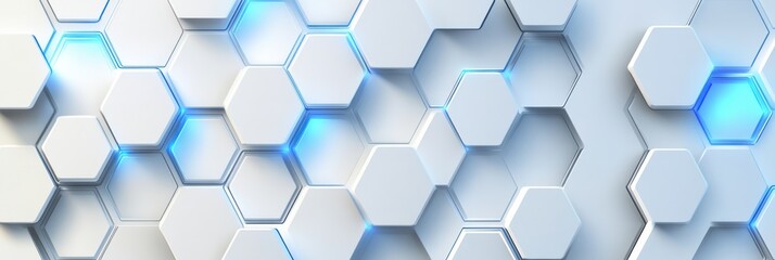 Fototapeta premium Dynamic white and blue hexagon patterns create an abstract science background