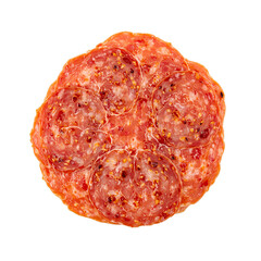 Close up of delicious chorizo sausage slices with rich color and visible spices on a white background