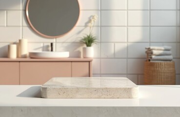 Scene for advertising beauty, cosmetic product with bathroom concept. Empty marble podium to place design, mirror, toiletries on bamboo basket, scented candles decorated on tile wall. Mockup,