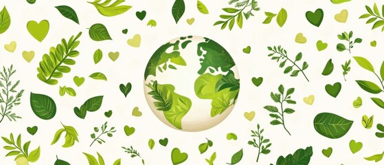 Green Earth Day Illustration with Globe, Leaves, and Hearts on White Background Concept of Environmental Awareness, Sustainability, and EcoFriendly Lifestyle