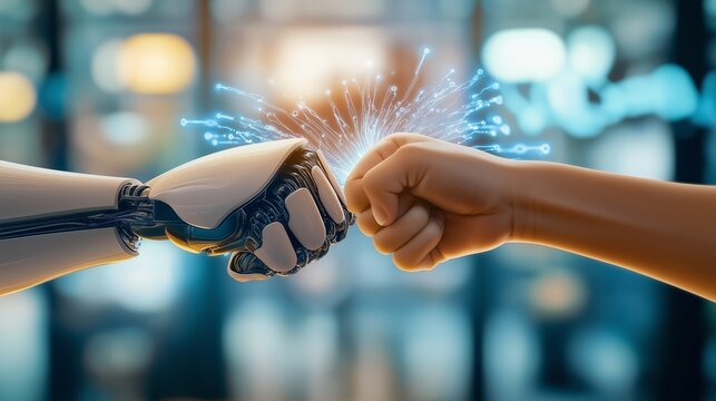 A humanoid robot AI agent hologram sharing knowledge with a human during the singularity symbolizing agentic autonomy and AGI technology in the future using superintelligence