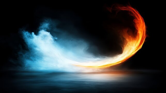 Blue and orange fire trail is shown in the air. The blue and orange colors create a sense of contrast and movement, while the smoke adds a mysterious and ethereal quality to the scene