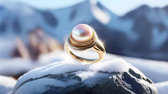 A gold wedding ring with a pearl on top, positioned on a rock having snow and mountains in the background