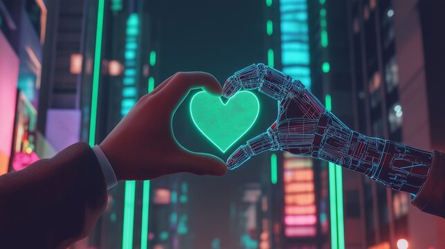 A human and a robot hand form a heart with a city in the background symbolizing agentic love and relationships in the future using superintelligence and AGI technology during the singularity