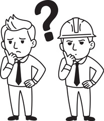 Obraz premium Two cartoon figures, likely business professionals, one wearing a hard hat, both appear thoughtful and questioning.