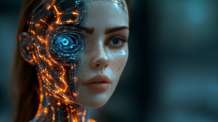 A humanoid female robot AI agent that is half human and half robotic cyborg during the singularity symbolizing agentic autonomy and AGI technology in the future using superintelligence