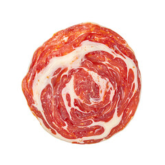 Obraz premium Sliced prosciutto with white fat marbling thin and translucent showcasing its deep red color Perfect for culinary and food concepts