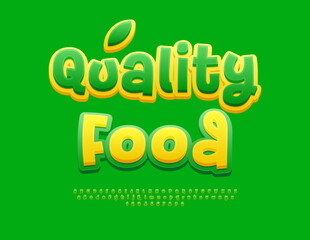 Naklejka premium Vector Advertising flyer Quality Food. Yellow and Green Playful Font. Creative Alphabet Letters and Numbers set.