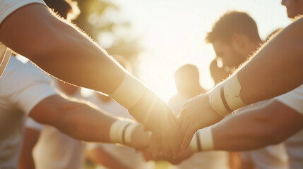 Close-up of a rugby team forming a scrum in action