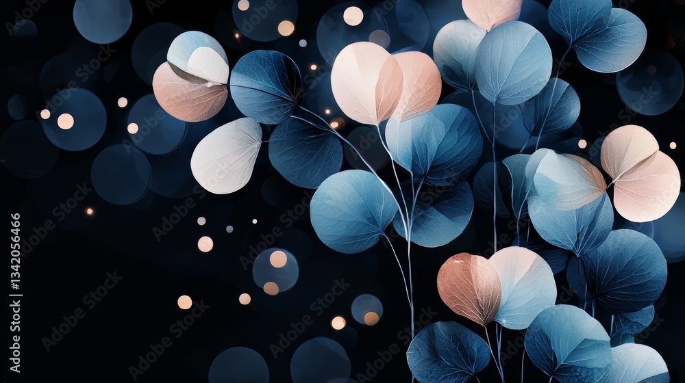 Poster blue and pink flowery design with a dark background. the flowers are in different sizes and are scat
