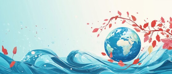 Artistic Earth Globe with Red Leaves and Blue Waves Illustration Concept of Environmental Awareness, Climate Change, and Global Conservation