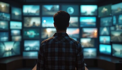 Man stands before video wall of screens displaying various video content. Back view of person surrounded by multiple TVs. Digital media tech concept. Modern surveillance, information era,