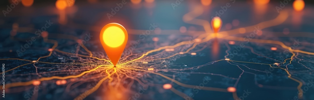 Poster digital map with glowing orange location pin pointers on dark blue city roads. ai uses gps tech for 