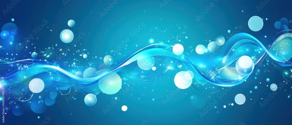 Poster abstract blue background with flowing wave and glowing spheres, creating a dynamic and modern design