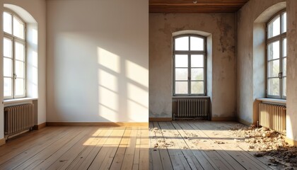 Obraz premium Renovated rooms before, after restoration. Spacious window, heating system in empty apartment. Wall repair, floor refurbishment, interior design, home renewal, real estate improvements. Luxury modern