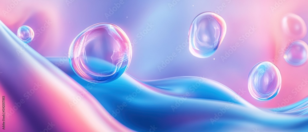 Canvas Prints abstract iridescent fluid wave with transparent spheres, showcasing holographic gradient background 