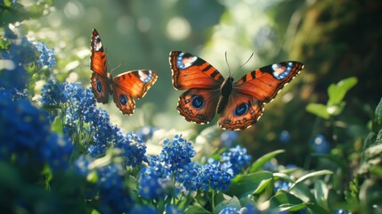 Two Peacock Butterflies Flying Among Blue Flowers