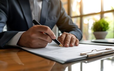 A businessman pointing at a blank contract paper on his desk. The businessman's hand is holding a pen, writing a signature on a document with another person during a meeting