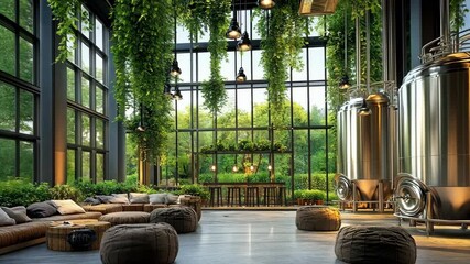 Urban brewery interior decorated with lush greenery and modern design elements during bright daylight
