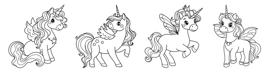 Set of unicorns with wings. Linear black and white illustration.
