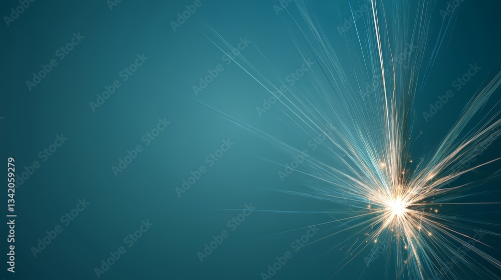 Poster blue background with a bright light in the middle. the light is surrounded by a lot of sparkles