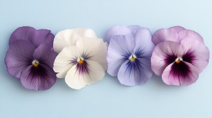 Obraz premium Four Pastel Pansy Flowers on Light Blue Background