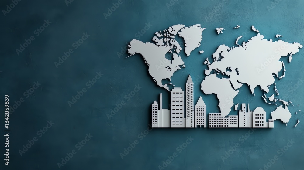 Poster Blue background with a map of the world and buildings. The buildings are in different sizes and shapes, and they are scattered all over the map. Concept of urbanization and globalization