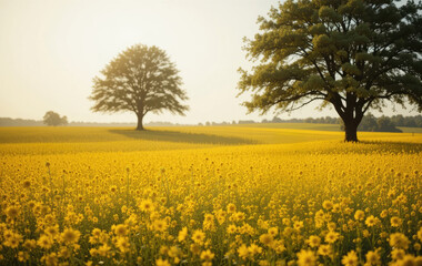 Obraz premium Flowering Field with Trees Landscape on a Sunny Day