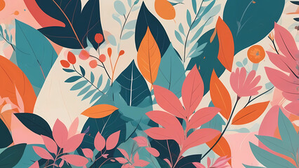 flat color floral pattern with leaves in autumn colors on a cream background vintage vibes