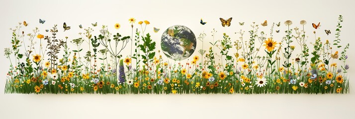 Naklejka premium Flat vector illustration Earth Day featuring globe with trees and flowers bright green and blue colors playful and ecofriendly design