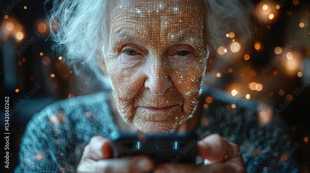 Poster elderly person uses smartphone facial recognition technology for secure access in softly lit environ